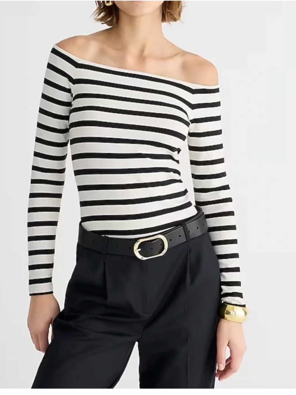 JCrew Striped Off-Shoulder Long-Sleeve Top - Black & Ivory